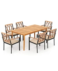 Gouun 7-Piece Patio Dining Set with 67 in Acacia Wood Table, Umbrella Hole and 6 Cushioned Chairs