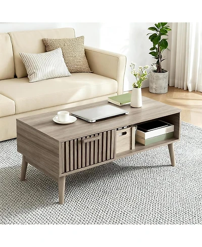 gaomon 39.4" Mid Century Modern Coffee Table with Storage, 2-Tier Fluted Rectangle Center Table with Drawer, Open Shelf and Wood Legs for Living Room
