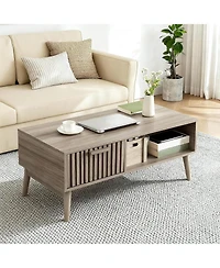 gaomon 39.4" Mid Century Modern Coffee Table with Storage, 2-Tier Fluted Rectangle Center Table with Drawer, Open Shelf and Wood Legs for Living Room