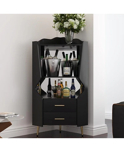 Flynama Wooden Corner Bar Cabinet with Mirrored Back and 2 Drawers