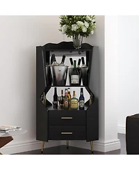 Flynama Wooden Corner Bar Cabinet with Mirrored Back and 2 Drawers