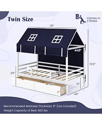 Gouun Twin House Bed with Removable Tent Canopy and 2 Rolling Storage Drawers