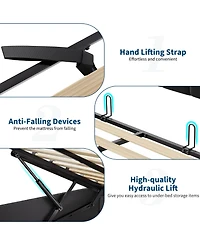 Homfan Full Size Lift-Up Hydraulic Storage Upholstered Soft Bed Frame with Led Lights, Power Outlets, Sturdy Metal Slats