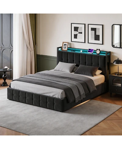 Homfan Full Size Lift-Up Hydraulic Storage Upholstered Soft Bed Frame with Led Lights, Power Outlets, Sturdy Metal Slats