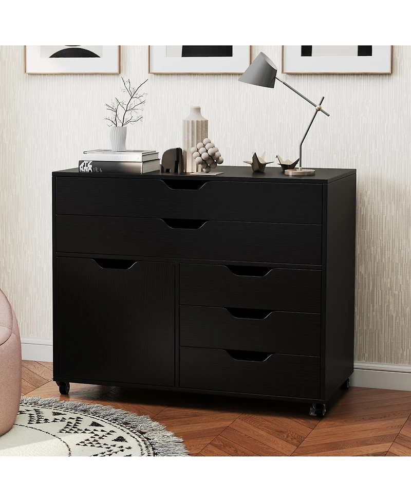Gouun 5-Drawer Mobile Storage Chest with Cabinet Door, 30.5 in L x 16 in W x 25 in H