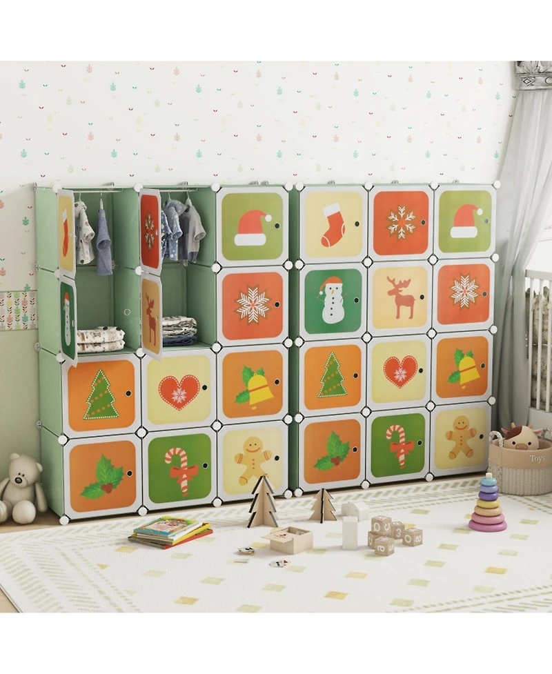 Gouun 12-Cube Modular Kids Wardrobe with Hanging Section and Cartoon Doors
