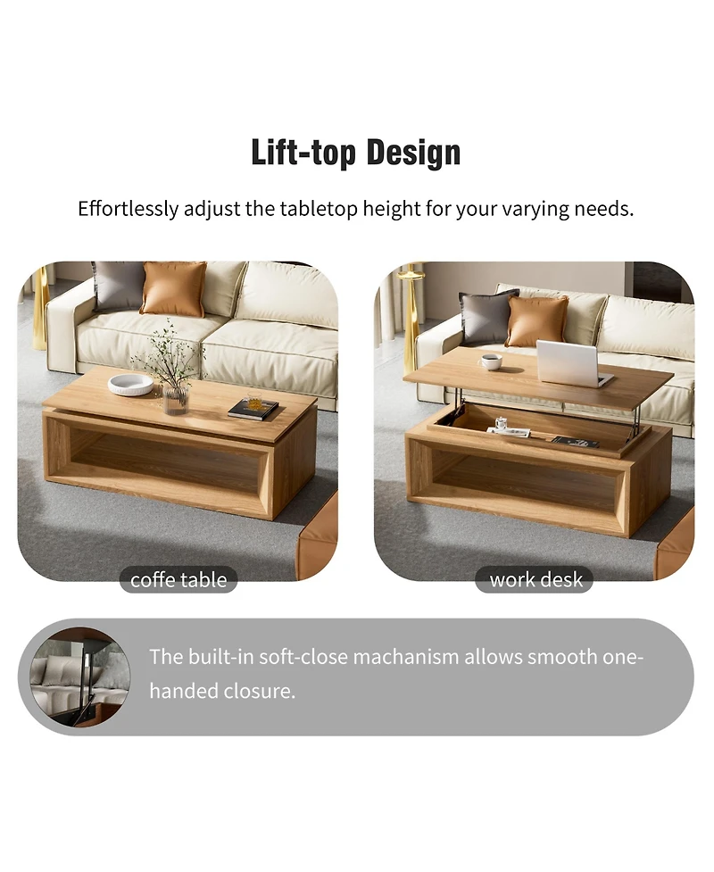 Rainsken 43.3'' Lift-top Coffee Table, Rectangle Center Table with Storage and Adjustable Height, Solid Wood Veneered for Living Room