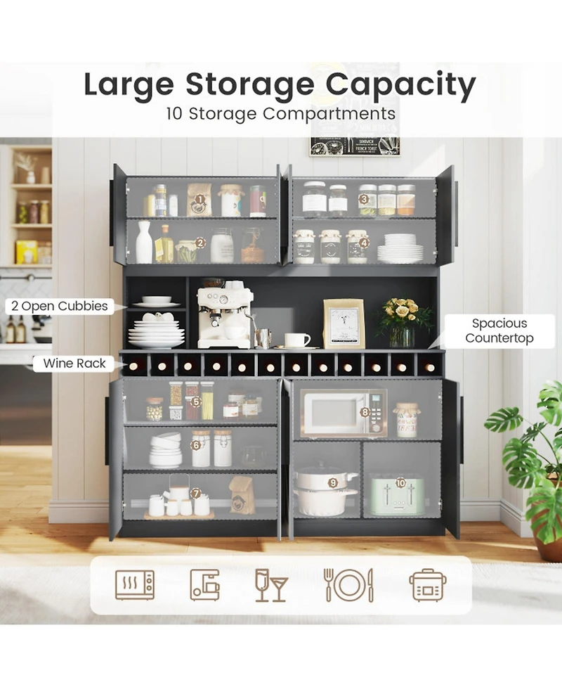 Gouun 70 in Tall Farmhouse Pantry Cabinet with 12-Bottle Wine Rack and Adjustable Shelves
