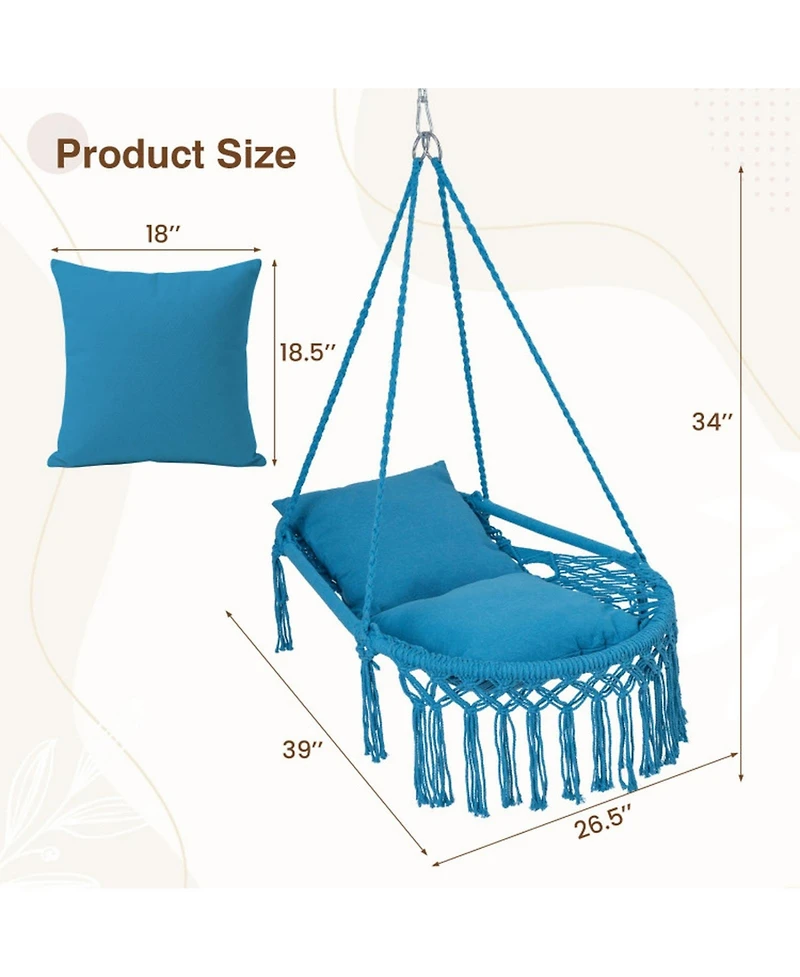 Gouun Macrame Hanging Hammock Swing Chair with 2 Removable Cushions and Metal Spreader Bar