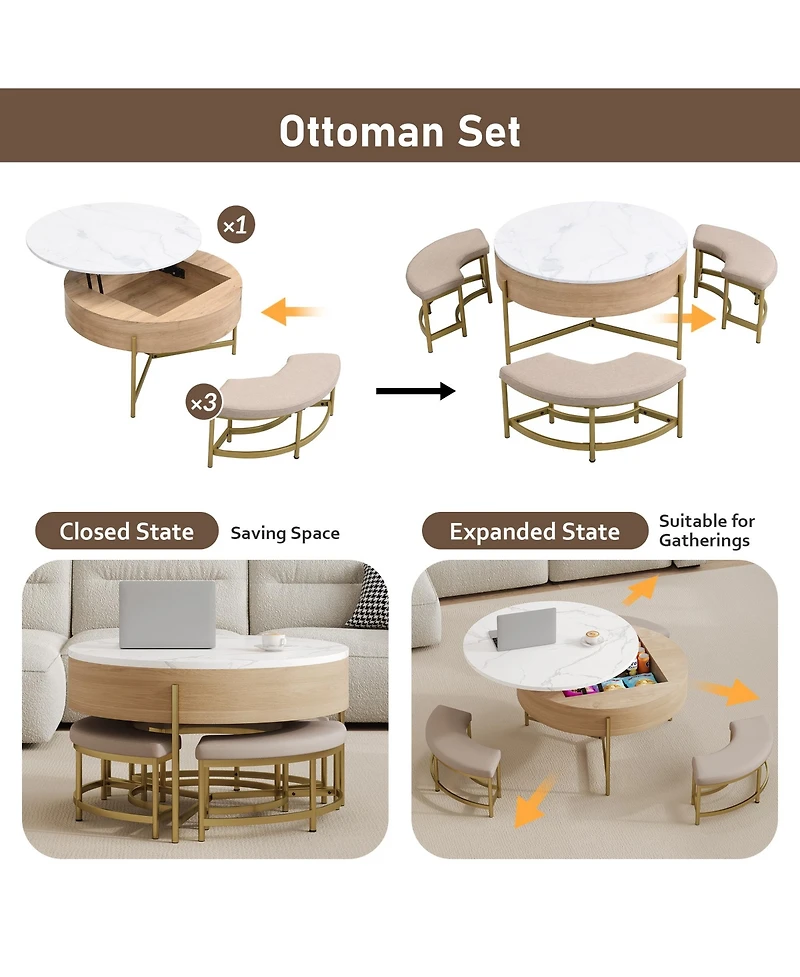 Rainsken Modern Round Lift-Top Coffee Table with Hidden Storage and 3 Ottoman, Nesting Center Table Set for Living Room and Office