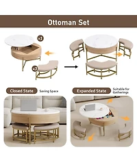 Rainsken Modern Round Lift-Top Coffee Table with Hidden Storage and 3 Ottoman, Nesting Center Table Set for Living Room and Office
