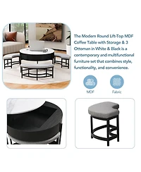 Rainsken Modern Round Lift-Top Coffee Table with Hidden Storage and 3 Ottoman, Nesting Center Set for Living Room Office