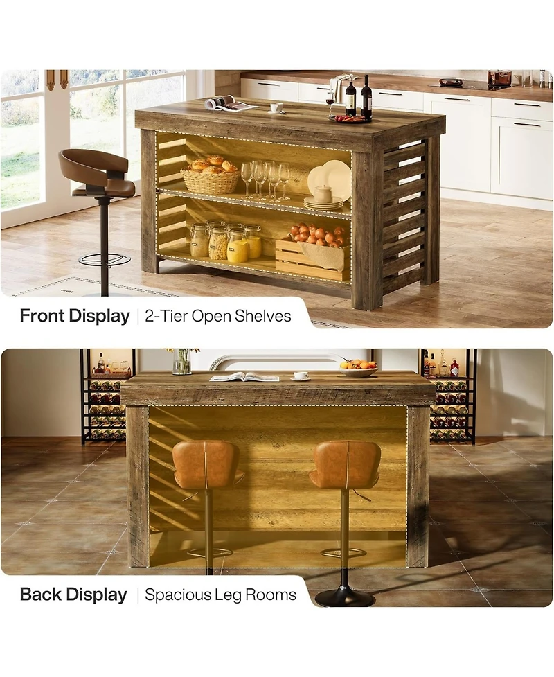 Tribesigns 55" Kitchen Island with Seating and Storage, 3-Tier Farmhouse Wood Stationary Island Table with Large Work Surface, Coffee Bar Table