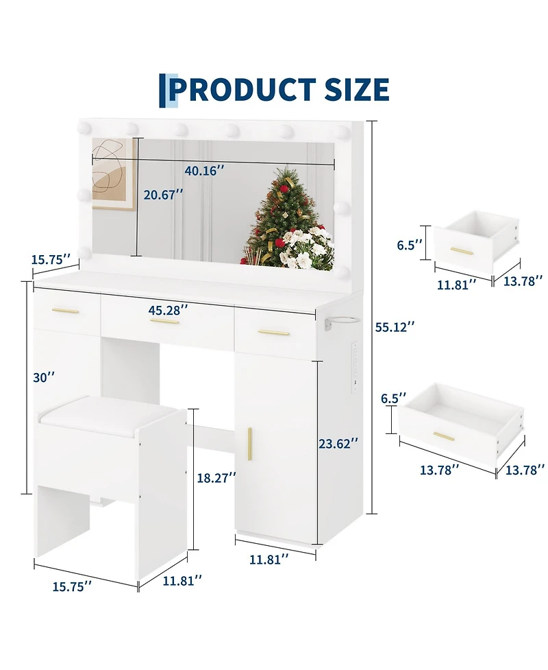 Homfan Vanity Desk with Mirror and Lights, Large Makeup Vanity Table with Power Outlet and Stool, Vanity Dressing Table for Bedroom Dressing Room