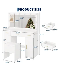 Homfan Vanity Desk with Mirror and Lights, Large Makeup Vanity Table with Power Outlet and Stool, Vanity Dressing Table for Bedroom Dressing Room