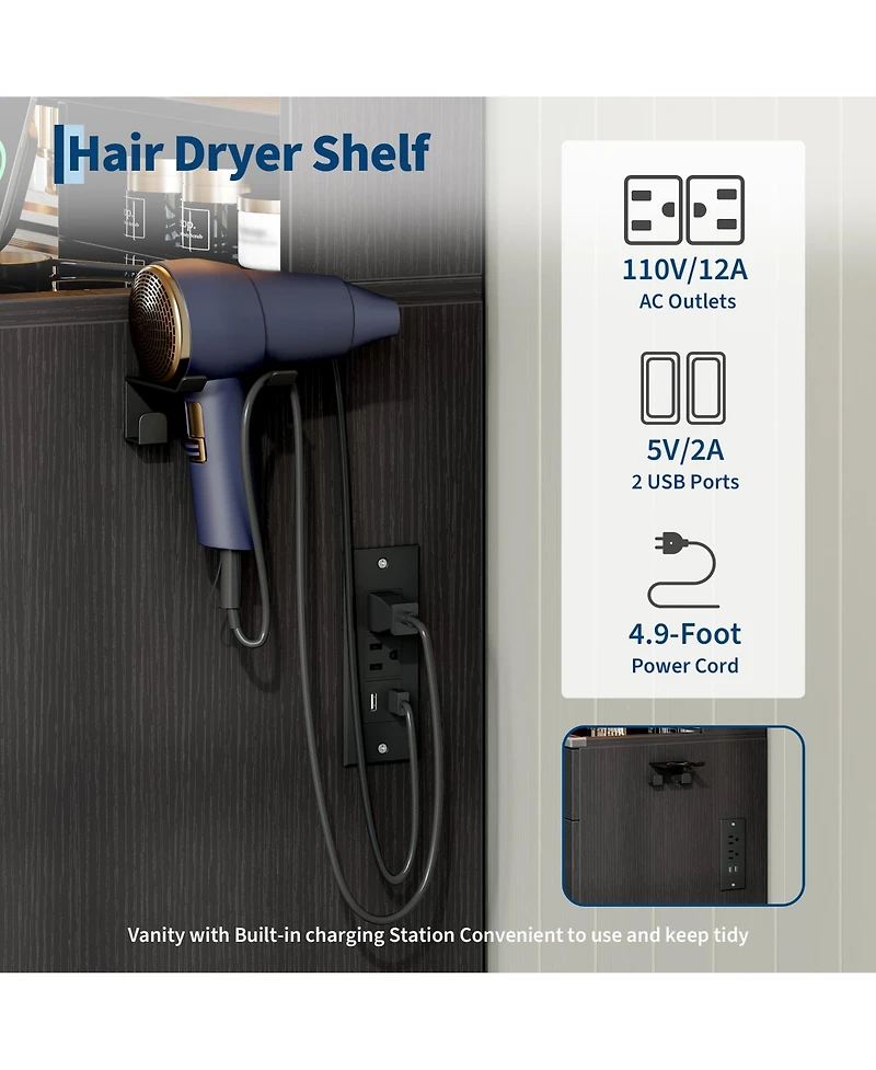 Homfan Makeup Vanity Desk Set with Large Lighted Mirror, 8 Drawers, 3 Storage Shelves, Glass Top, Stool, Built-in Power Outlet