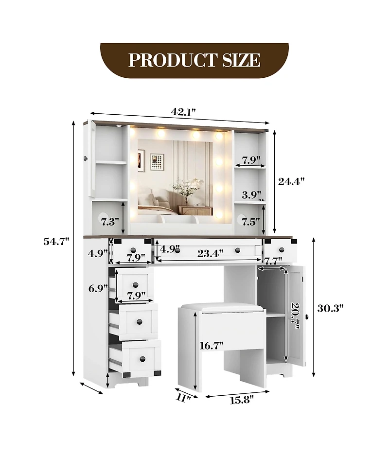 Homfan Farmhouse Vanity Desk with Led Mirror and Charging Station - 6 Drawers, 2 Cabinets, Soft Cushioned Stool, Adjustable 3-Color Lighting