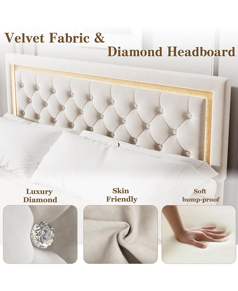 Homfan Floating Upholstered Bed Frame with Led Diamond Headboard and Wood Slats, Available Full, Queen