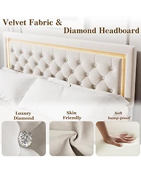 Homfan Floating Upholstered Bed Frame with Led Diamond Headboard and Wood Slats, Available Full, Queen