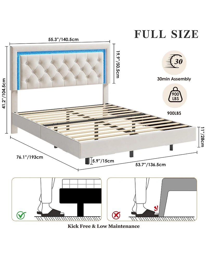 Homfan Floating Upholstered Bed Frame with Led Diamond Headboard and Wood Slats, Available in Full, Queen, and King