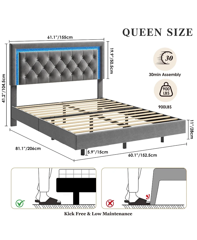 Homfan Floating Upholstered Bed Frame with Led Diamond Headboard and Wood Slats, Available Full, Queen