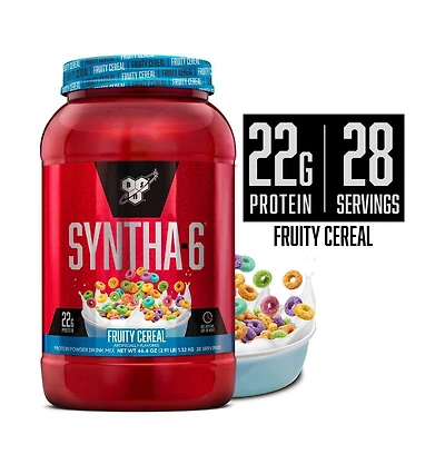 Bsn Syntha-6 Premium Protein Powder with 6g of Fiber, Whey Protein, Micellar Casein, Milk Protein Isolate Blend, 5g Fat, Fruity Cereal, 28 Servings