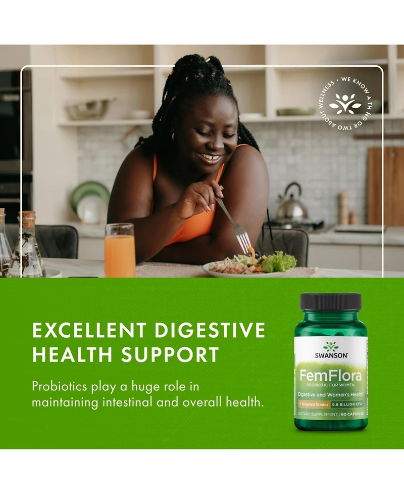 Swanson FemFlora Feminine Probiotic Supplement for Women Supports Oral, Gi and Vaginal Flora 9 Billion Cfu Per Capsule, 60 Capsules