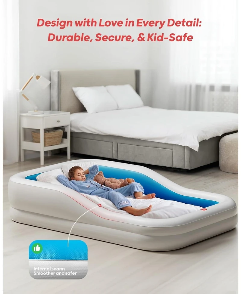 Qpau Inflatable Toddler Travel Bed with 3-Sided Safety Bumpers, Extra Large Kids Air Mattress, Includes Detachable Mattress, Portable