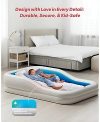 Qpau Inflatable Toddler Travel Bed with 3-Sided Safety Bumpers, Extra Large Kids Air Mattress, Includes Detachable Mattress, Portable