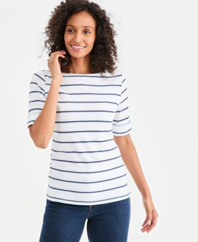 Style Co Womens Printed Boat Neck Elbow Sleeve Top Macys Exclusive