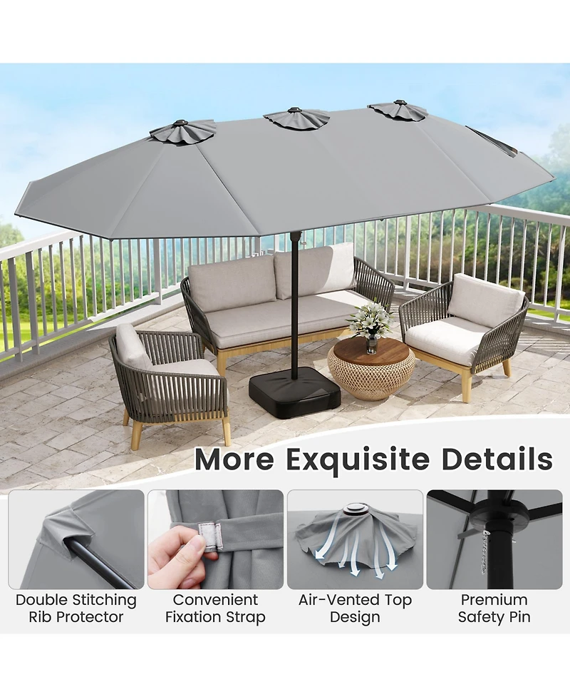 Gouun 15 ft Double-Sided Twin Patio Umbrella with Hand Crank and Weighted Base