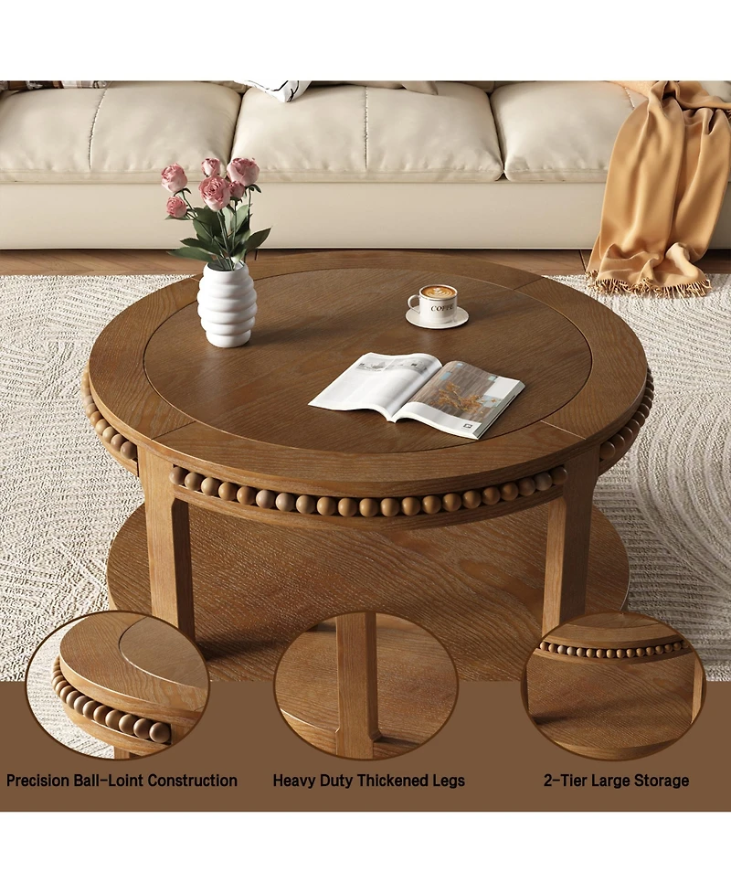 Rainsken Round Coffee Table, 2-Tier Solid Wood Center Table with Ball-Joint Beaded Edge and Sturdy Legs for Living Room, Office
