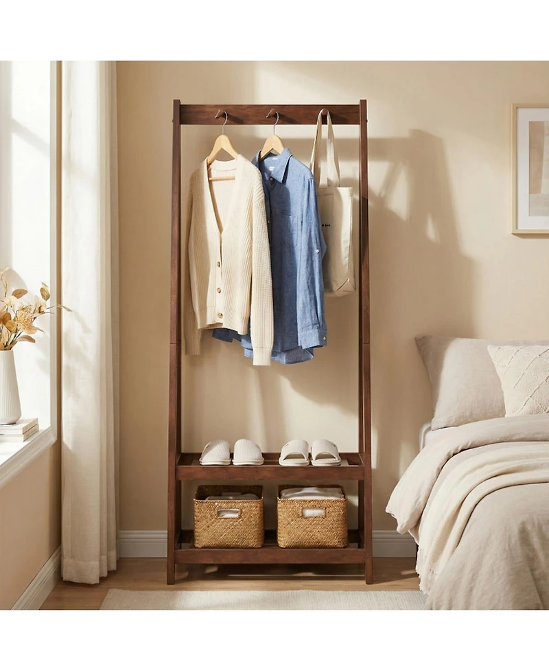 Gouun Freestanding Solid Rubber Wood Coat Rack with 3 Hooks and 2 Shelves