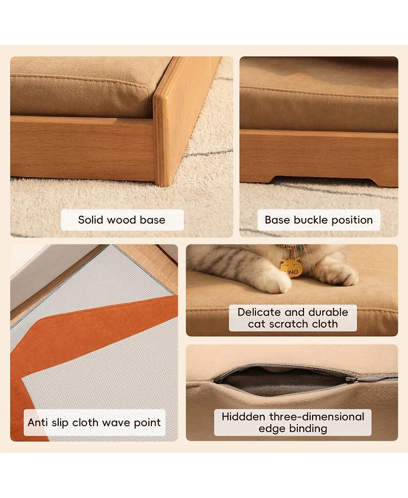 6thdruple Modern Oak Wood Pet Sofa, Chenille Pet Lounge with Removable Cushion, Built-in Toy for Cats