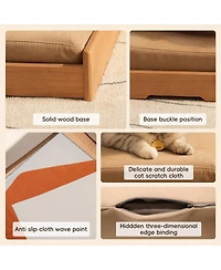 6thdruple Modern Oak Wood Pet Sofa, Chenille Pet Lounge with Removable Cushion, Built-in Toy for Cats
