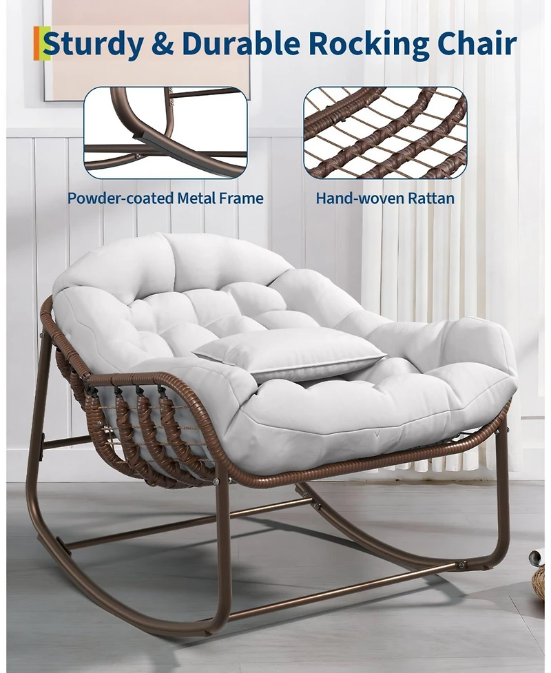 Homfan Rocking Egg Chair with Extra-Thick Cushions, Heavy-Duty 450 lb Capacity Steel Frame and Hand-Woven Pe Wicker for Indoor Outdoor