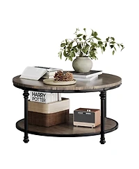Homfan 34.25 in Industrial Farmhouse Round Coffee Table with 2 Tier Wood Design, Open Storage Shelf, Metal Frame, Easy Assembly