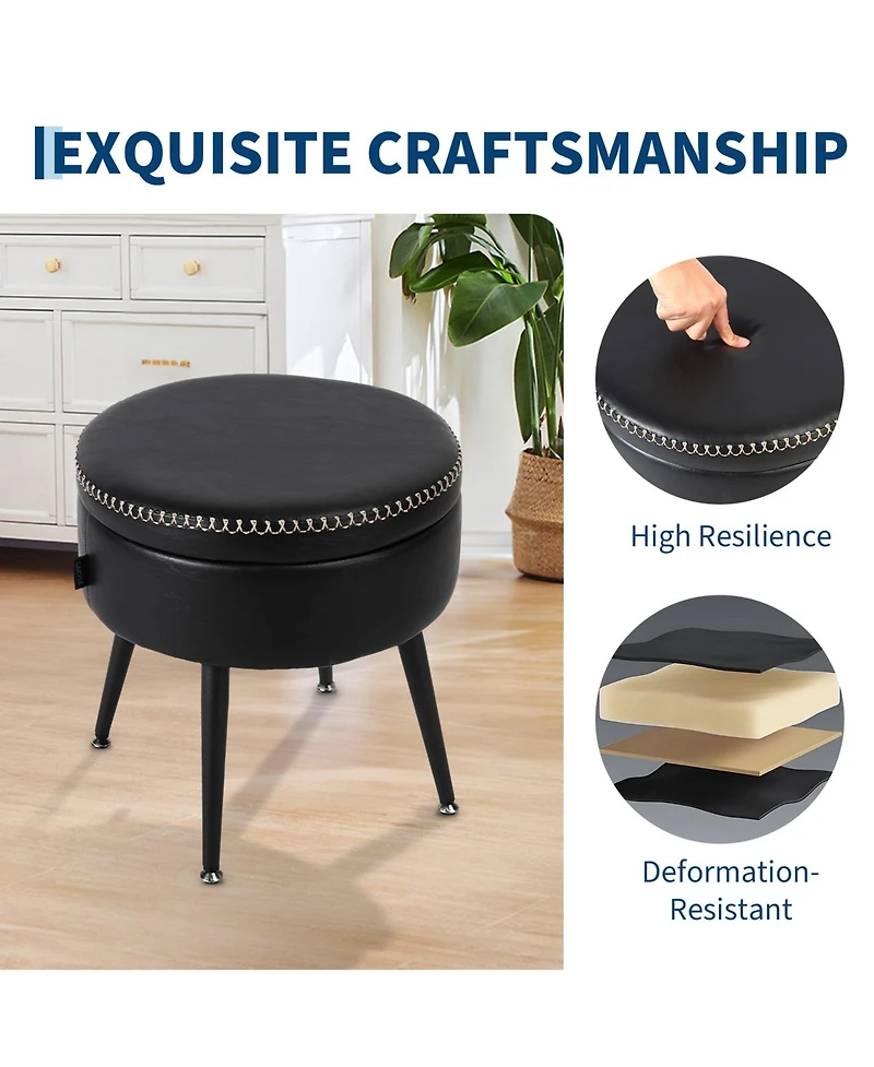 Homfan Modern Storage Ottoman and Vanity Stool, Synthetic Leather Round Seat, 330 lb Capacity Steel Legs, Multi-Functional Footrest and Bedroom Bench