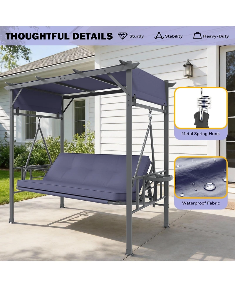 Aecojoy 3 Seat Porch Swing Bed, Outdoor Patio Metal Pergola Swing Bench with Hanging Cloud Hammock Chair