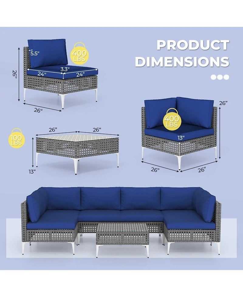 Costway 7 Piece Outdoor Furniture Set with Seat & Back Cushions Tempered Glass Coffee Table