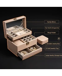 Yigii 3 Layers Leather Jewelry Storage Box with Mirror Removable Tray Portable Travel Organizer for Women