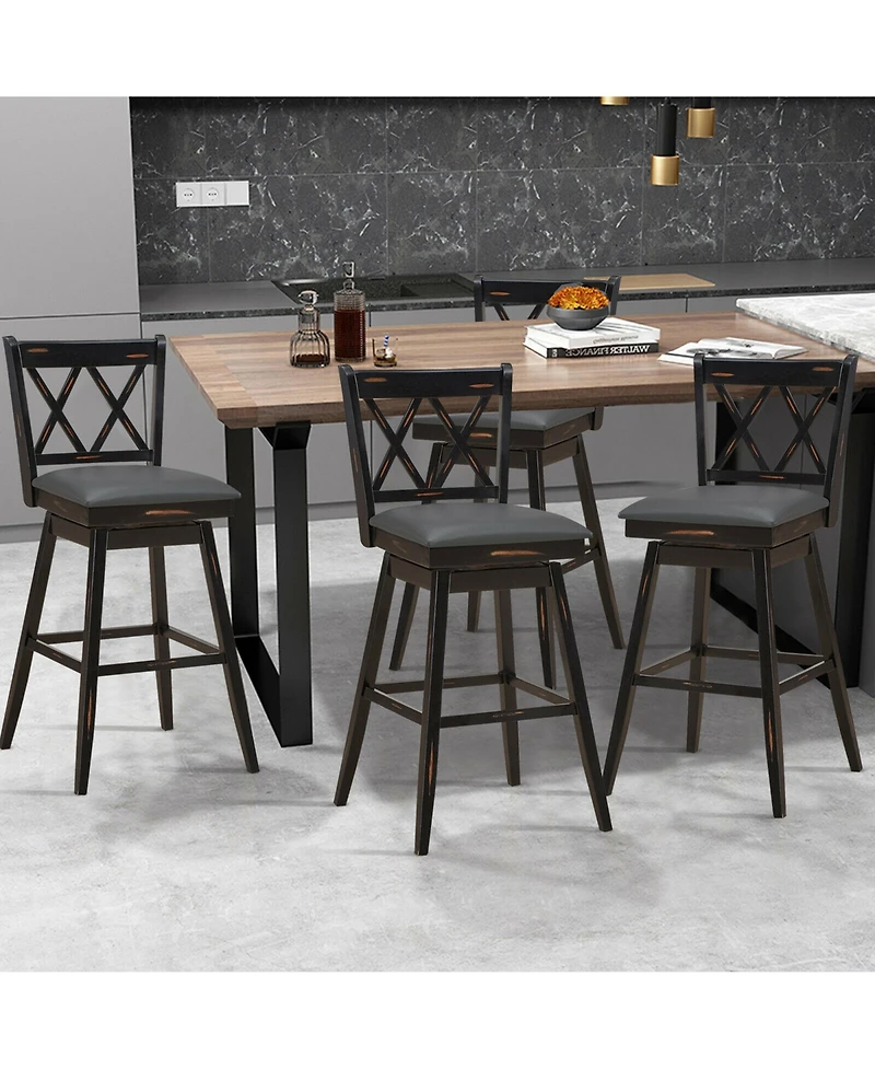 Gymax Set of 4 Barstools Swivel Bar Height Chairs with Rubber Wood Legs