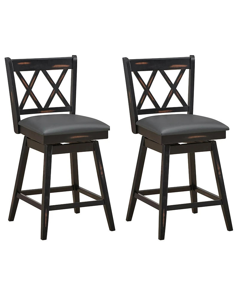 Gymax Set of 2 Barstools Swivel Counter Height Chairs with Rubber Wood Legs