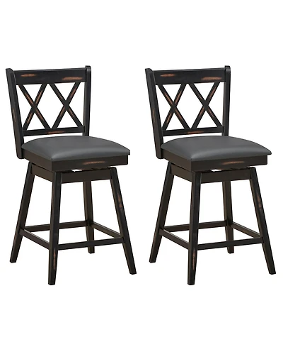Gymax Set of 2 Barstools Swivel Counter Height Chairs with Rubber Wood Legs