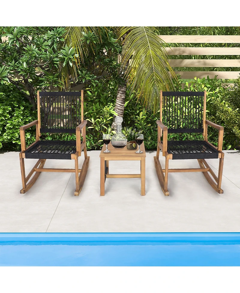Gymax 3 Piece Acacia Wood Rocking Chair Set with Coffee Table and All-Weather Rope Patio Poolside