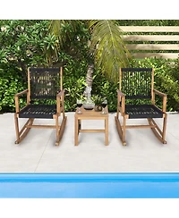 Gymax 3 Piece Acacia Wood Rocking Chair Set with Coffee Table and All-Weather Rope Patio Poolside