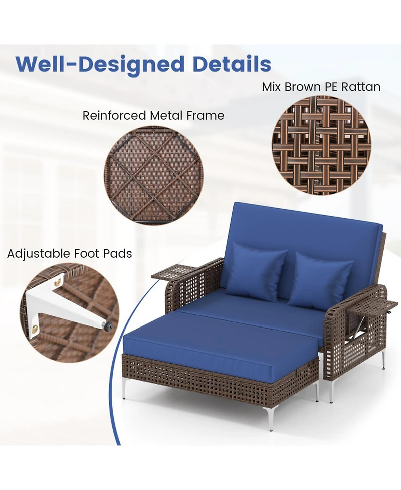 Sugift 2 Piece Patio Rattan Daybed Wicker Loveseat and Ottoman with Adjustable Backrest