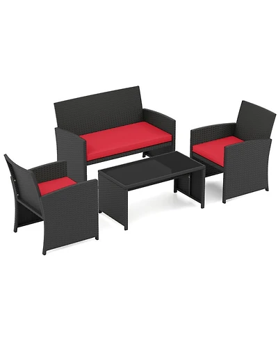 Sugift 4 Pieces Patio Furniture Set with Tempered Glass Tabletop and Removable Cushion