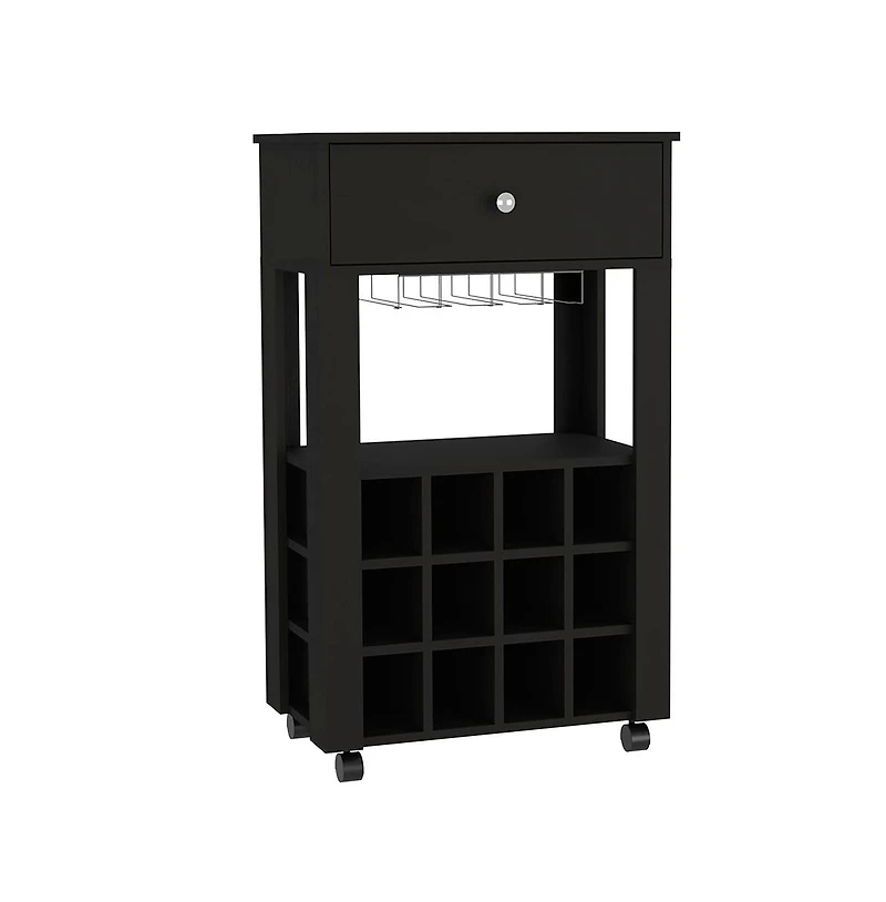 Flynama Wengue Bayamon Bar Cart with 12 Wine Cubbies, 4 Legs and 1 Open Shelf