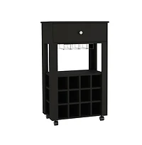 Flynama Wengue Bayamon Bar Cart with 12 Wine Cubbies, 4 Legs and 1 Open Shelf